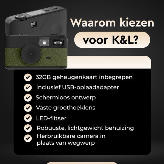 K&L Appareil photo numérique rétro - Sans écran - Rechargeable - 16 000 photos - Appareil photo - Vintage - Comprend 32 Go - Durable - Vert