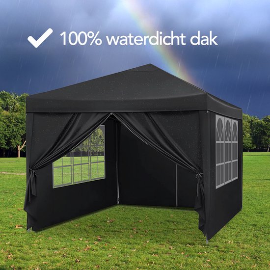 Brixy Party Tent - pliable - facile à monter - 3x3m - étanche - pavillon avec parois latérales - sac de transport inclus - noir