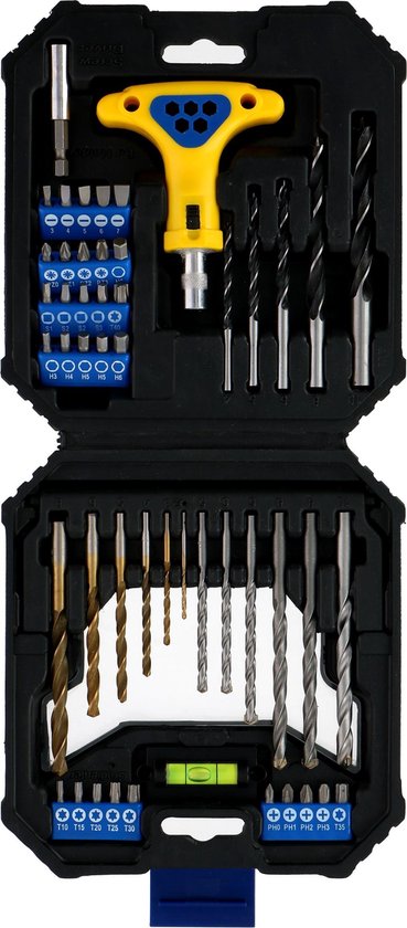 Kinzo Drill and Bit Set - 50 Pieces - Wood drills, Metal drills and Concrete drills - Bits for Inbus and Torx, among others - in Case