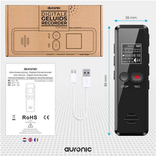 Auronic Enregistreur vocal numérique - Dictaphone - Stockage 8GB - Réduction de bruit - Rechargeable par USB - Ecoute clandestine - Noir