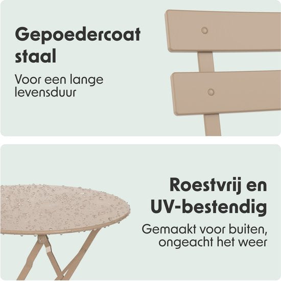 LifeGoods Set Bistro - Acier - 3 pièces - Set de jardin - Pliant - Set de balcon avec table - Résistant aux intempéries - Taupe