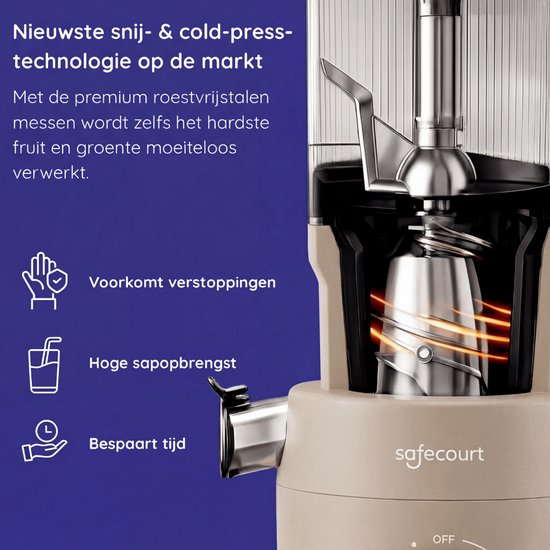 Safecourt Kitchen Slow Juicer XXL - moteur puissant [Technologie de pré-coupe et de pression à froid] - nettoyage facile - sans BPA - juicer Beige