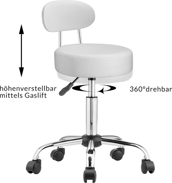 Casaria Tabouret pivotant avec dossier - Réglable en hauteur sur 360° - Blanc