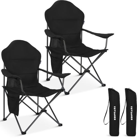 TRVLMORE Chaises de camping XXL - pliables - 2-Pack - Capacité de charge 160KG - Sac de transport inclus - Chaise pliante - Chaise de pêche - Chaise de camping - Chaise pliante - Noir