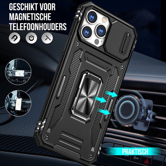 Podec Case suitable for iPhone 12 Pro Black Phone Case - Anti-Shock Case Cover Hybrid Armor Case with Kickstand Ring with Screen Protector