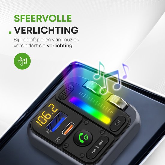 iSetchi Bluetooth FM Transmitter - Quick Charge 3.0 - Carkit - USB C - Sans fil