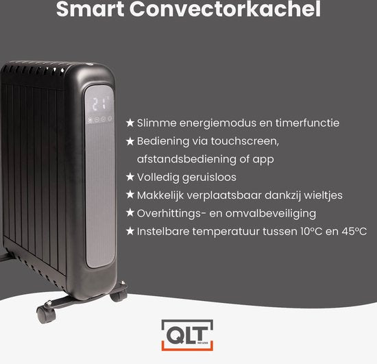 QLT Electric Heater with App Control, Thermostat and Timer - Convector heater - Oil-free Radiator with Wheels and Wall Option - Up to 20m² - Black