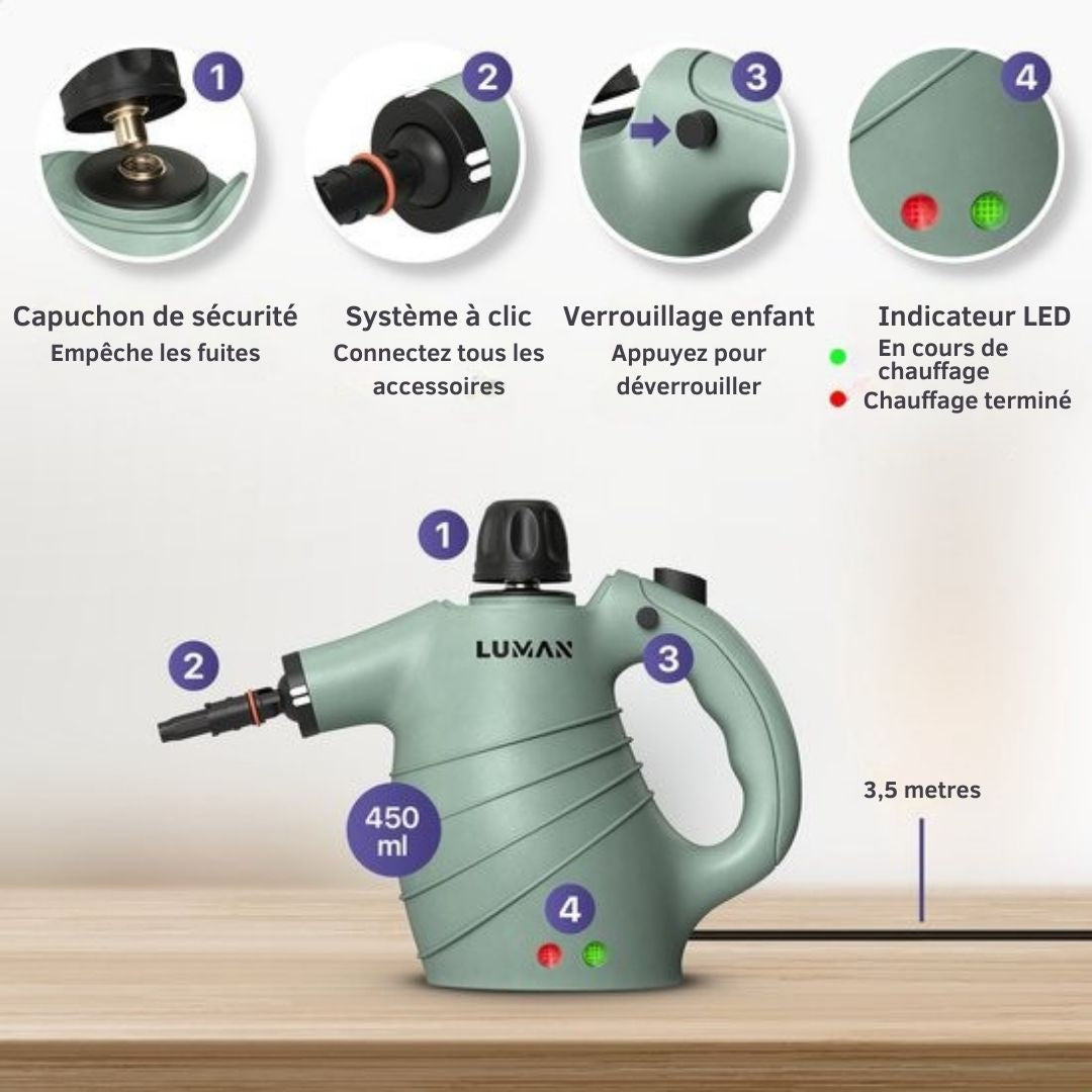 Nettoyeur vapeur portatif - LUMAN - Nettoyeur vapeur à main - 16 en 1 - Détachant - 1050 Watts - 450 ML - Vert