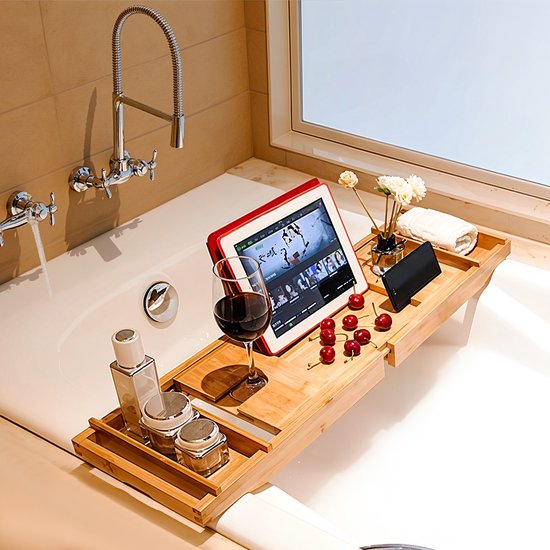 Bayt Planche de bain - Support de bain - Planche de bain en bois - Pont de bain - Planche de bain en bambou - Réglable - 75-109 CM