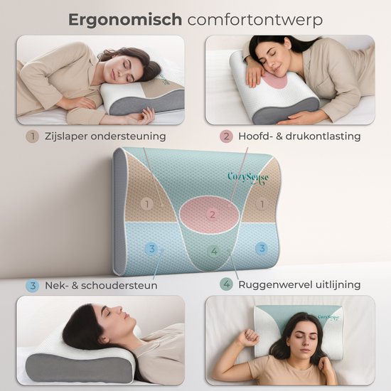 Oreiller CozySense® - Oreiller orthopédique - Oreiller ergonomique - Oreiller de sommeil en mousse à mémoire de forme - Taie d'oreiller et sac de transport inclus - Fermeté douce - pour les dormeurs sur le côté, le ventre et le dos