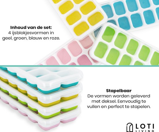 Loti Living Moule à glaçons - 4 pièces - Vert, Jaune, Bleu, Rose - Moules à glaçons - Moule à glaçons en silicone - Glaçons - Sans BPA