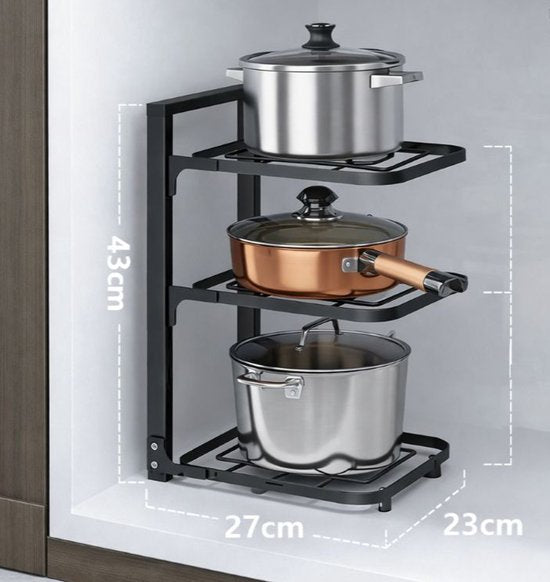 Ceruzo Support réglable pour casseroles et poêles - 3 niveaux - Gain de place - Acier au carbone - 23 x 27 x 43 cm