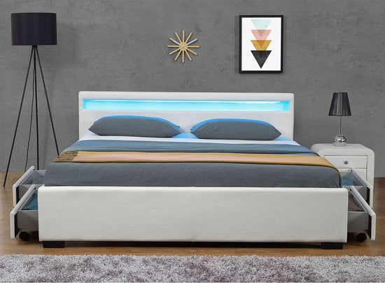 Lit capitonné Lyon - 140 x 200 cm - Blanc - LED Lighting & Bed drawers