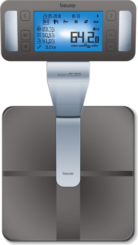 Beurer BF 1000 Super Precision Personal Scale - Analyse complète du corps - Pèse-personne à colonne - Écran XXL éclairé - Jusqu'à 200 kg - Mesure transversale - 8 électrodes - Bluetooth® - Beurer HealthManager Pro app - Piles incluses - Garantie de 5 ans