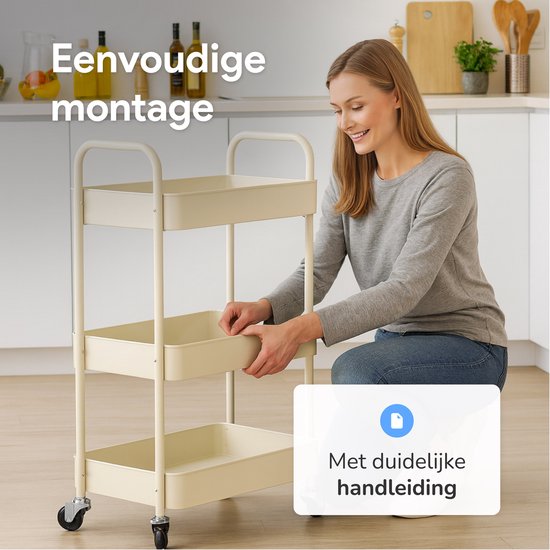 Chariot de cuisine sur roulettes - 3 étages - Étagère de cuisine - Chariot de service - Armoire - Chariot - Rangement - Armoires de douche sur pied - Étagère - Beige - Luft
