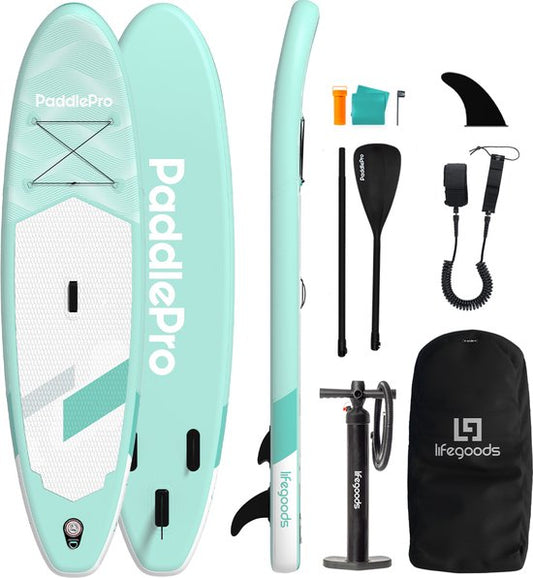 Planche de paddle polyvalente - LifeGoods - Capacité de charge 100 KG - 300 x 76 cm - Gonflable - Pack SUP complet - Vert menthe