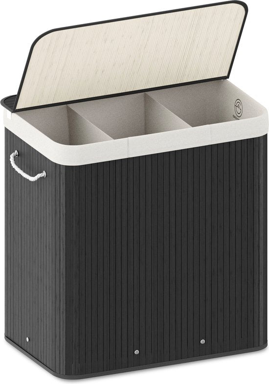 Panier à linge Organess 3 compartiments - Trieur de linge - Panier à linge avec couvercle - Pliable - 150L - Bambou - Noir