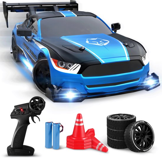 NAPI Voiture RC contrôlable - Voiture de drift avec 2 piles, LED et accessoires - 15 km/h - Jouets d'extérieur - Voitures de course pour garçons et adultes - Jouets d'extérieur - Toy Car Radiographic - Drift King