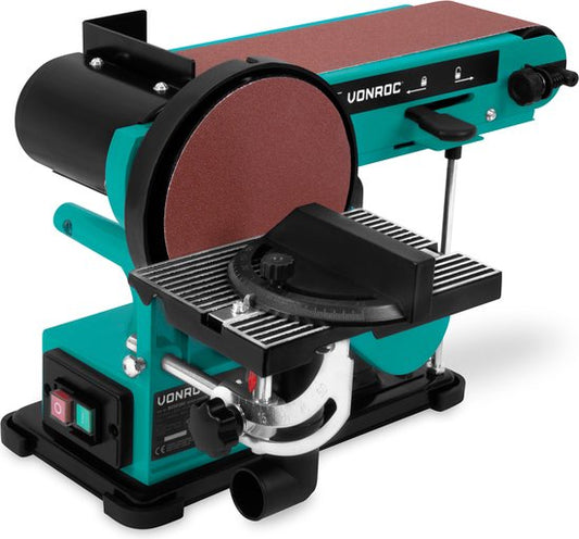 VONROC Ponceuse à bande et à disque 350W - Inclut 2x bande abrasive 100 x 915 mm (P80 & P120) et 2x disque abrasif Ø150 mm (P80 & P120)