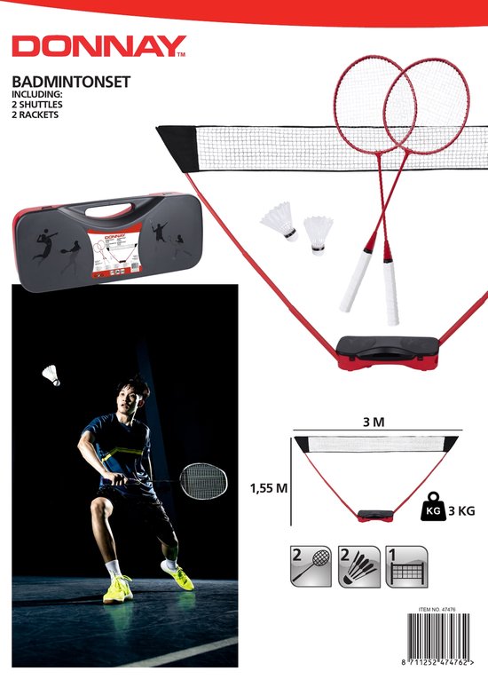 Donnay Set de Badminton - 2 personnes - Raquettes de badminton - Volants - Filet de badminton - Mallette de transport incluse - Noir/Rouge