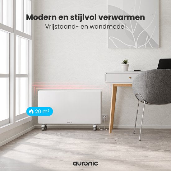 Auronic Convector Heater - 2000W - Chauffage électrique - 3 niveaux - Panneau métallique - Freestanding - Roues - Blanc
