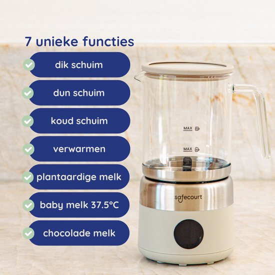 Safecourt Kitchen Glass Milk Frother - Mousseur à lait électrique - Cruche en verre & sans PFAS - Lavable au lave-vaisselle - Beige
