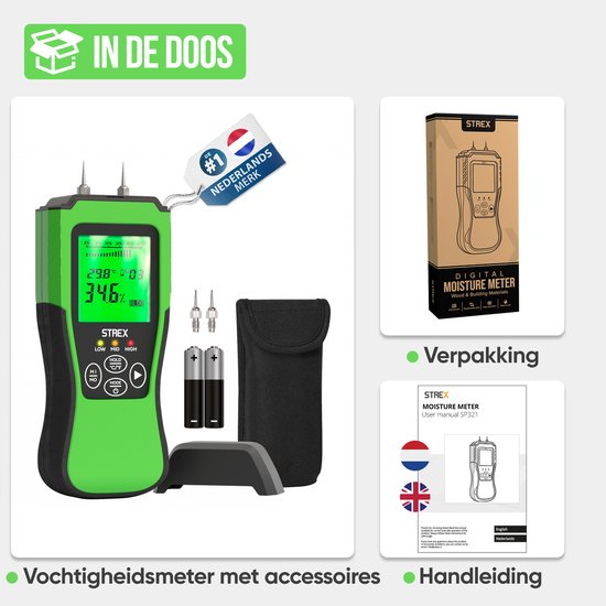Strex Moisture Meter Digital - Pour le bois et les matériaux de construction (y compris la pierre, le plâtre et le béton) - Affichage LCD - Humidity Meter - Moisture Malls - Incl. Batteries & Storage Case