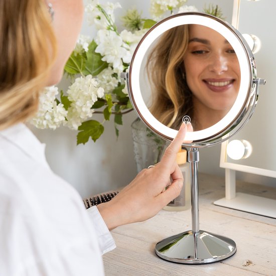 Mirlux Miroir de maquillage de luxe avec lumière LED - grossissement 10x - réglable et rechargeable - 3 niveaux de lumière - chrome - Miroir de maquillage - Miroir avec lumière LED