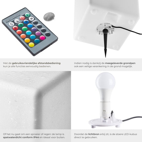 tectake® Luminous Cube - Cube lumineux LED - 16 couleurs RGB et 5 modes d'éclairage - Eclairage de jardin robuste et résistant aux intempéries - 35x35x35 cm - Décorations de fête - Décoration de jardin - Source lumineuse et télécommande incluses