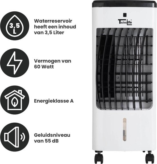 Technolife TL-2701 Refroidisseur d'air avec télécommande et minuterie - 3.5L - Blanc/Noir