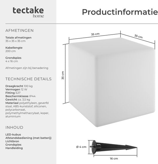 tectake® Luminous Cube - Cube lumineux LED - 16 couleurs RGB et 5 modes d'éclairage - Eclairage de jardin robuste et résistant aux intempéries - 35x35x35 cm - Décorations de fête - Décoration de jardin - Source lumineuse et télécommande incluses