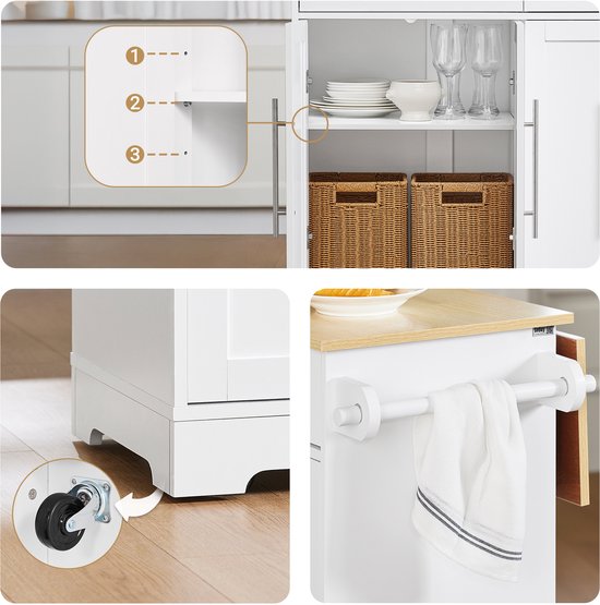 SoBuy FKW129-WN Chariot de cuisine sur roulettes - Ilot de cuisine avec plan de travail coulissant, 2 tiroirs et étagères réglables - Chariot de cuisine mobile ou meuble de table à manger, blanc 113x91x(44-69) cm