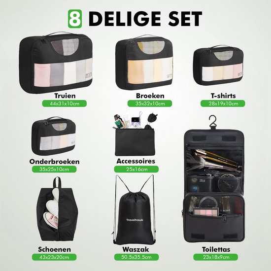 Travelhawk Packing Cubes - Kit d'organisation pour valise - Vêtements - Organisateurs de bagages - 8 pièces - Noir