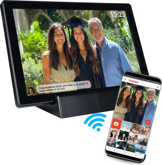 Cadre photo numérique Denver 10,1 pouces - Sans fil - Station de charge incluse - HD - Frameo App - Cadre photo - WiFi - Écran tactile IPS - 16 Go - PFF1070B