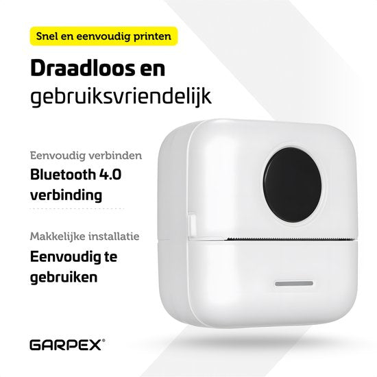 Garpex® Mini imprimante pour mobile - Imprimante de poche - Mini imprimante photo haut de gamme - Imprimante portable pour smartphone - Imprimante photo mobile - Imprimante d'autocollants - Blanc - 5 rouleaux de papier adhésif + 5 rouleaux de papier blanc
