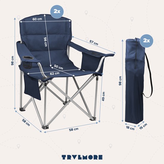 TRVLMORE Chaises de camping - pliables - 2 pièces - XL - Chaises pliantes - Capacité de charge de 150 kg - Porte-boisson - Compartiment réfrigérant - Poche latérale - Chaise pliante - Bleu