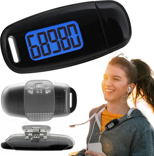 Garpex® Podomètre avec clip et cordon de transport - Chargement USB - Traceur d'activité - Podomètre - Grand écran - Poche - Noir