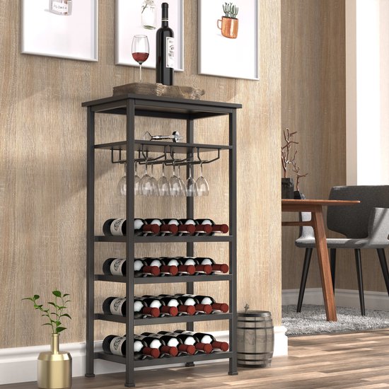 Porte-bouteilles design industriel armoire à vin noire - porte-bouteilles pour 20 bouteilles avec porte-verres - 50 x 32 x 100 cm