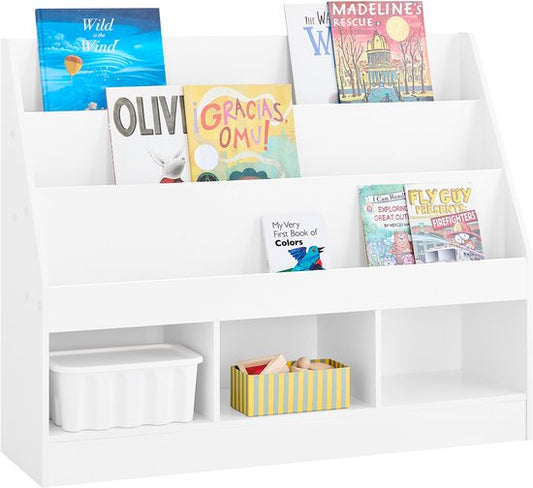 SoBuy Montessori KMB118-W Bibliothèque pour enfants, étagère pour enfants avec 3 compartiments de rangement et rangement pour jouets, chambre d'enfant, étagère pour livres et rangement pour jouets, blanc, 100 x 80 x 30 cm
