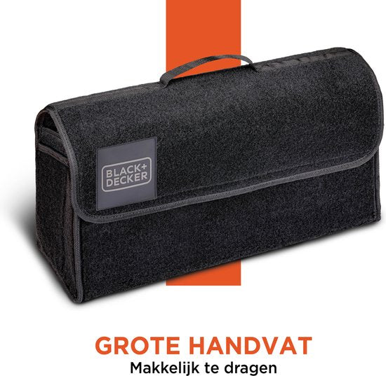 BLACK+DECKER Trunk Organiser - Sac de coffre - 55 x 15 x 23 CM - 1 grand compartiment et 2 inserts - Shopping et accessoires de voiture - Avec Velcro - Noir