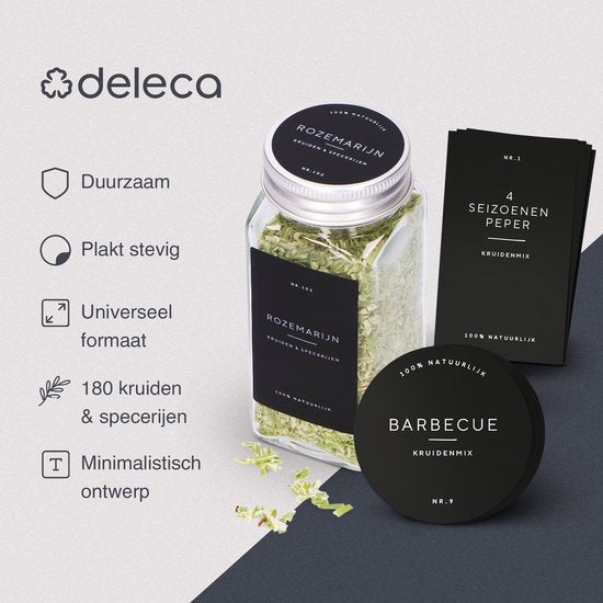 Deleca 180x Etiquettes pour bocaux - Etiquettes rondes et rectangulaires - Etiquettes pour bocaux de stockage et d'épices - Waterproof - Dutch/Black