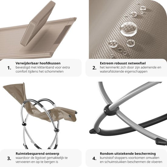 tectake® - chaise longue - ergonomique, pliable - Capacité 150 kg - beige -