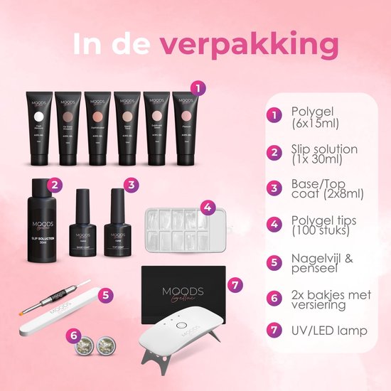 Moods Gellac - Luxury Polygel Set - Polygel Nails Starter Pack - Inclut une lampe UV LED - 6 couleurs - The Nude