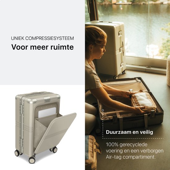 ONYX Hybrid Pro Hand Luggage Suitcase with Front Pocket 38 Litres - Recycled Polycarbonate and Zipperless Design - Travel Suitcase with TSA Lock and Spinner Wheels - Lightweight Trolley with Laptop Compartment - Ivory White