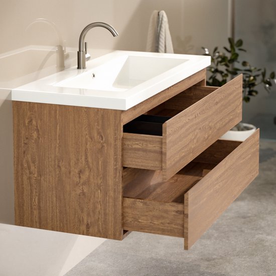 Mirlux Meuble de salle de bains Chêne chaud 100 cm - Lavabo Blanc - Ensemble de meubles de salle de bains - Meuble lavabo Chêne chaud