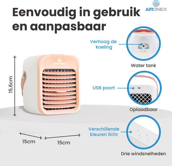 Rafraîchisseur d'air portable rose - Rafraîchisseur d'air sans fil avec réservoir d'eau par Aironex - Fonction d'humidification - Rafraîchisseur d'air sans climatisation - Ventilateur de table - Support de ventilateur - Augmentez votre productivité et vot