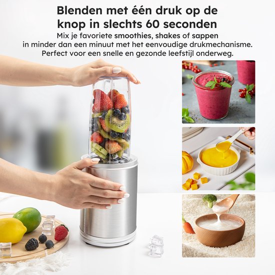 Blender To Go - 6-Piece Set - Smoothie Maker - Blender - 2x 800ml Drinking Cups - 1200W - Lavable au lave-vaisselle - Sans BPA - Portable Blender - Silver - by Saaf