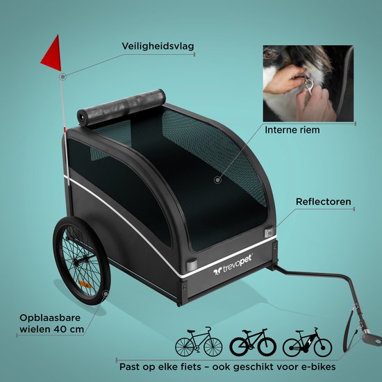 Trevopet® remorque vélo pour chien - remorque vélo pliable pour chien - remorque pour chien - convient aux vélos électriques - jusqu'à 40 kg - pour chiens de taille moyenne et grande - noir