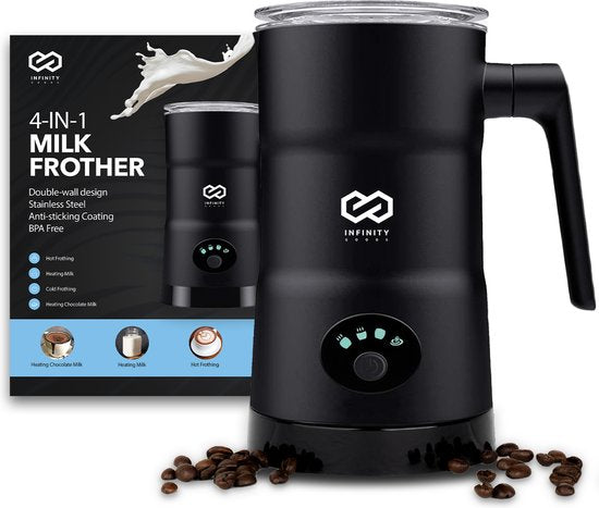 Infinity Goods Mousseur à lait électrique 4 en 1 - 350 ml - Mousse et chauffe - Cappuccino - Lavable au lave-vaisselle - Noir