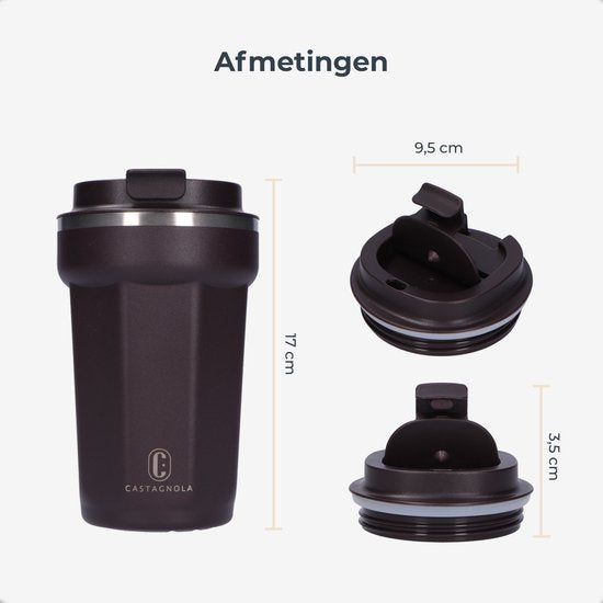 Castagnola Thermos Cup - Coffee Mug To Go - Travel Mug for Coffee and Tea - Tea Mug - 380 ML - Stainless Steel - Brown - Octagon